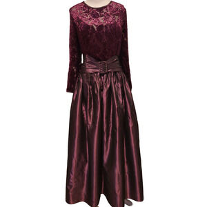 Vintage Jessica McClintock Plum Velvet Burnout & Taffeta Belted Formal Gown - 12